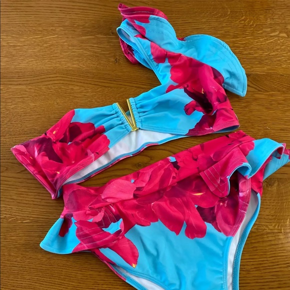 Pink and Blue Floral Ruffle Swimsuit - Picture 5 of 8